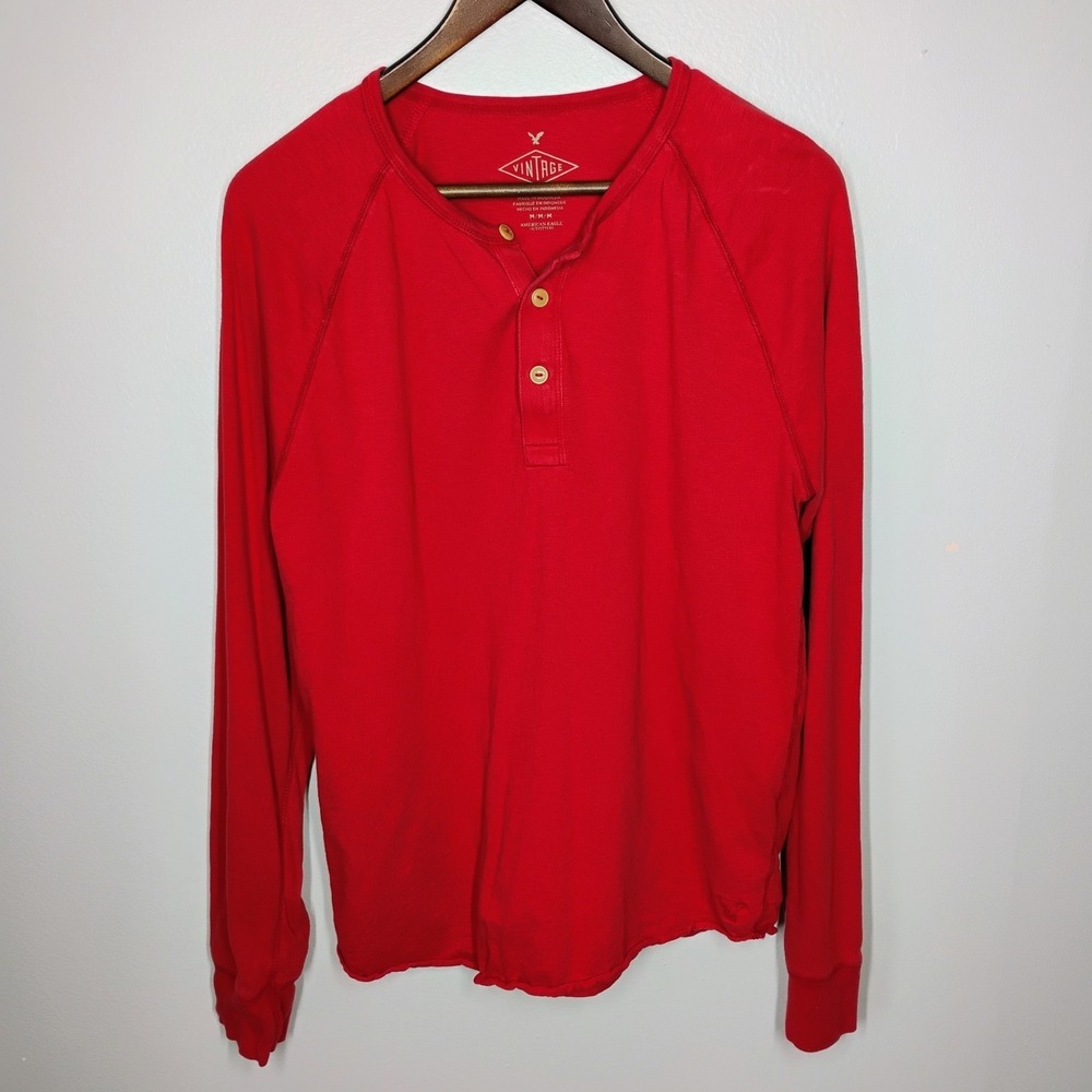 American Eagle Y2K Style Men's Henley  Shirt‎ Medium Red AE Long Sleeve Casual